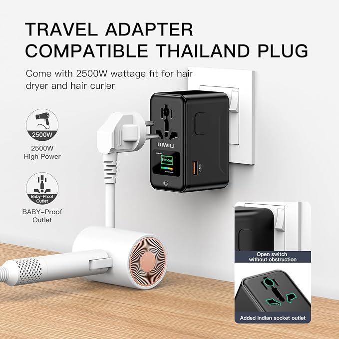 100W GaN Universal Travel Adapter with Smart Display, International Power Adapter with 3 USB-C & 1 USB-A Charging Ports, Worldwide Plug Adapter for European US UK AUS (Type C/G/A/I)
