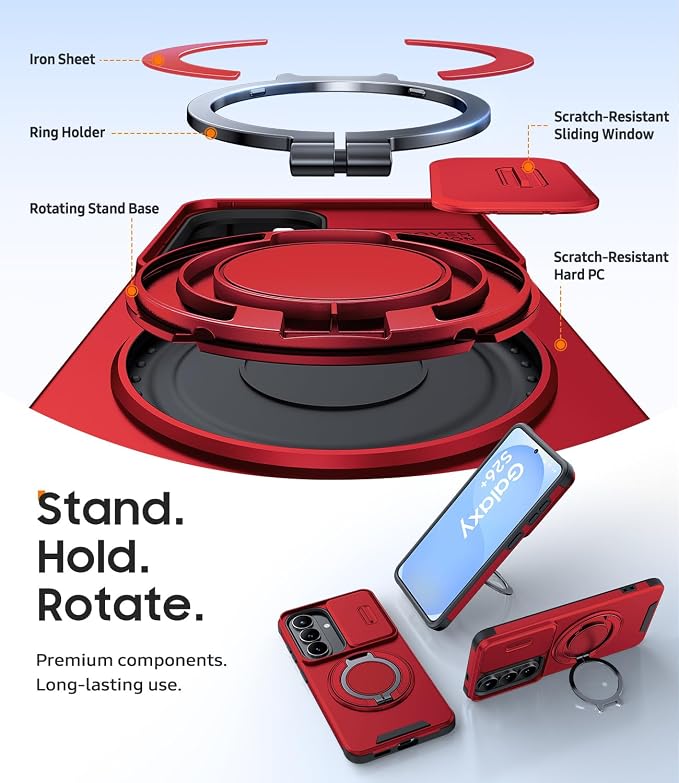 JAME for Samsung Galaxy S26+ Plus Case, Ring Holder Stand Kickstand, Slide Camera Cover with Screen Protector, Dual-Layer Shockproof Protective, Magnetic Accessory Friendly S26 Plus Phone Case, Red
