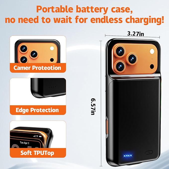 Battery Case for iPhone 17 Pro Max (6.9 inch), 2026 Upgraded High Capacity 13800mAh Battery Pack Rechargeable Charger External Charging Case with Tempered Glass Screen Protector Black