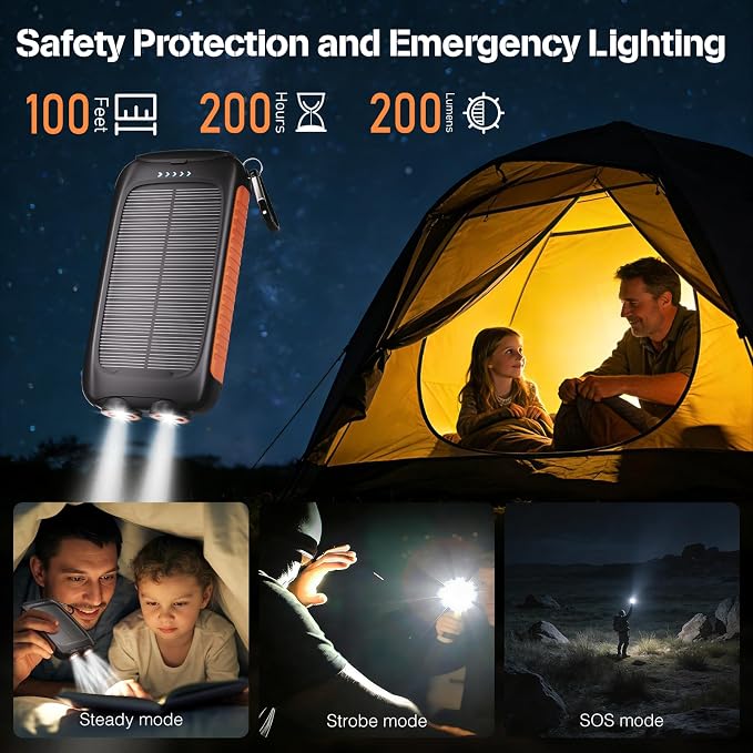 Solar Power Bank 20000mAh, Orange Portable Charger with USB-C USB-A Outputs, Emergency Backup Battery Pack, LED Flashlight, for iPhone Samsung Android – Solar for Emergency Only, Perfect for Camping