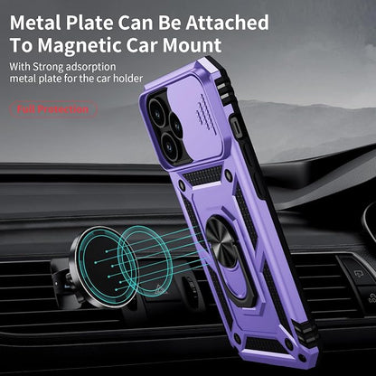 Weycolor for iPhone 14 Pro Max Case with Camera Lens Cover, HD Screen Protector, 10 FT Military Grade Drop Protection, Magnetic Ring Holder Kickstand Protective Phone Case, Lavender