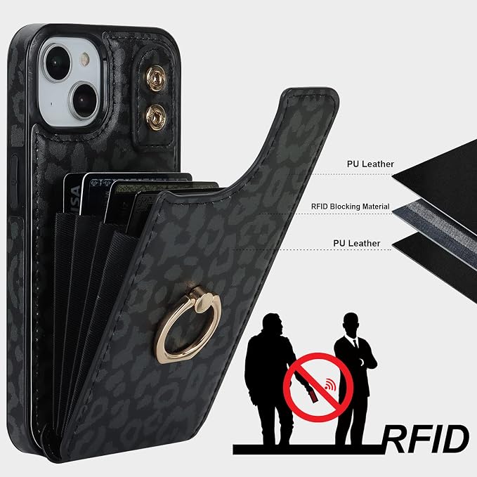 HAOPINSH for iPhone 13/ iPhone 14 Wallet Case with Card Holder, 360°Rotation Ring Kickstand, Black Leopard Cheetah Pattern, RFID Blocking Leather for Girls Women, Double Buttons Flip 6.1"