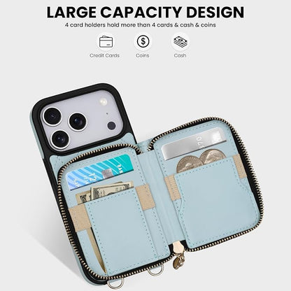 Keallce Case for iPhone 17 Pro 6.3'' Wallet Case, Crossbody Zipper Purse with Wrist Strap Lanyard Handbag, RFID Blocking Card Holders, Kickstand Flip Leather Cover for iPhone 17 Pro, Blue