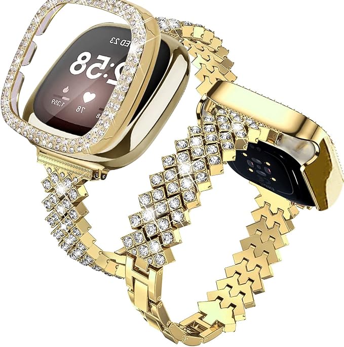 Bling Watch Band Compatible with Fitbit Versa 3/ Fitbit Sense for Women, Adjustable Crystal Alloy Strap Rhinestone Stainless Steel Metal Wristband for Fitbit Sense/Versa 3 (Gold, Versa 3/Sense)