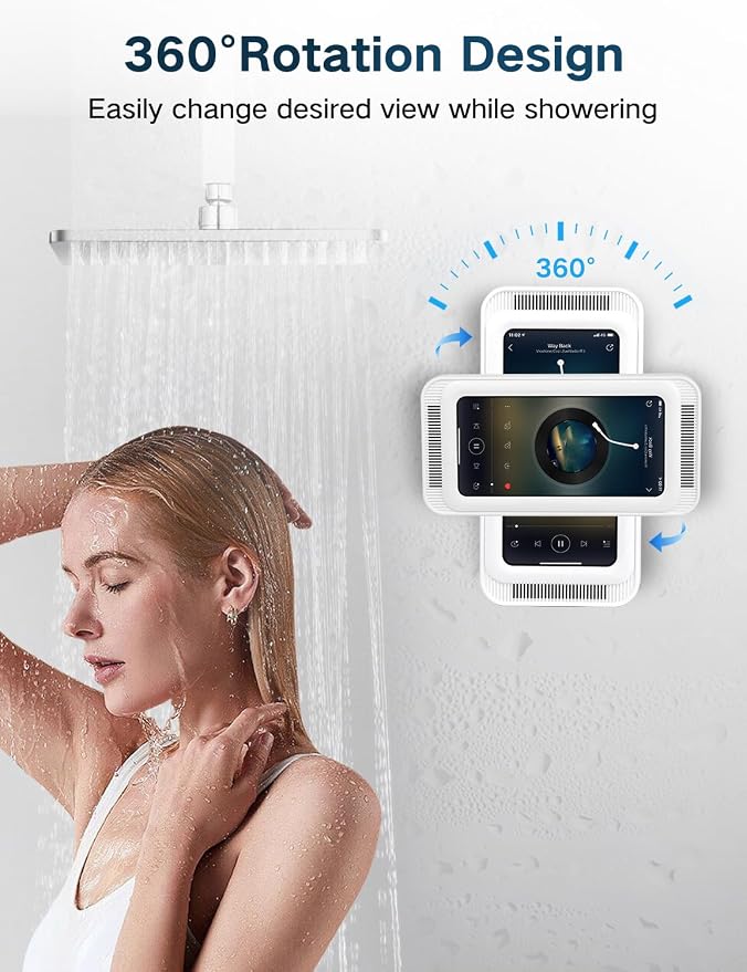 Kairiyard Shower Phone Holder Waterproof, Speaker Holes 360° Rotatable Retractable Anti-Fog High Sensitivity Clear Sound Wall Mounted Phone Case for Bathroom Mirror Bathtub Kitchen, Up to 7 Inch