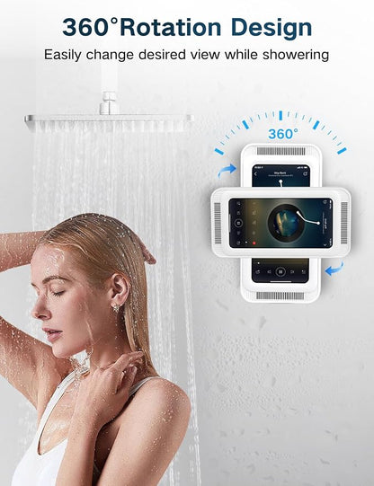 Kairiyard Shower Phone Holder Waterproof, Speaker Holes 360° Rotatable Retractable Anti-Fog High Sensitivity Clear Sound Wall Mounted Phone Case for Bathroom Mirror Bathtub Kitchen, Up to 7 Inch