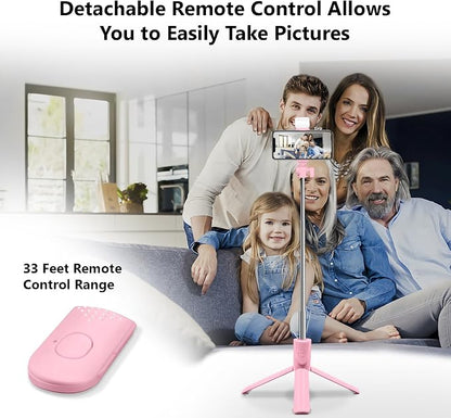 Selfie Stick Tripod, 40in Retractable Phone Tripod with Wireless Remote Control & Light, Portable Selfie Stick Tripod for Photograph, Video Recording, Compatible with All Cellphones (Pink)