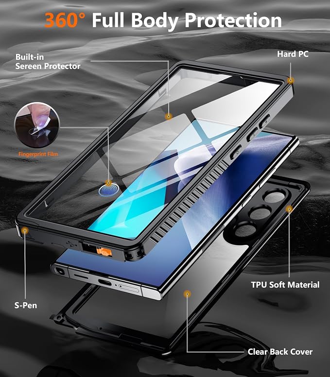 Temdan Designed for Samsung Galaxy S24 Ultra Case,Waterproof Built-in Lens & Screen Protector [Full Body Shockproof][Military Drop Proof][IP68 Underwater] Phone Case for S24 Ultra 5G-Black (2024)