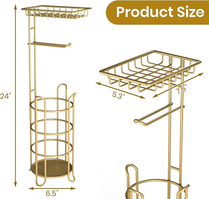 Gold Toilet Paper Holder Stand with Shelf, Freestanding Tissue Roll Holder, Holds 4 Mega Rolls and Extra Storage for Phone, Wipes