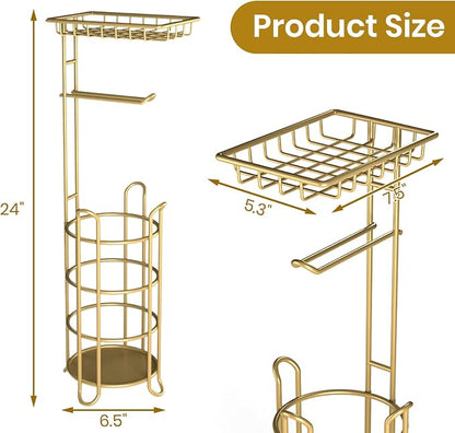 Gold Toilet Paper Holder Stand with Shelf, Freestanding Tissue Roll Holder, Holds 4 Mega Rolls and Extra Storage for Phone, Wipes