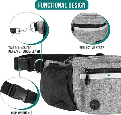 PetAmi Dog Fanny Pack, Treat Pouch for Dog Walking, Training, Built in Poop Bag Dispenser, Water Bottle Holder, Collapsible Bowl, Pet Treat Waist Belt for Hiking, Running, Kibbles (Grey)