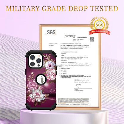 Hocase for iPhone 15 Pro Max Case, Heavy Duty Shockproof Protection Soft Silicone Rubber Bumper+Hard Plastic Hybrid Protective Case for iPhone 15 Pro Max 6.7" 2023 - Royal Purple Flowers