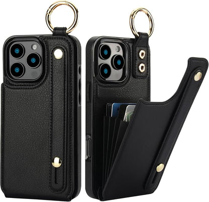 Folosu for iPhone 16 Pro Max Wallet Case with Card Holder, Hand Wrist Strap Loop Holder Kickstand, RFID Blocking Finger Grip Ring PU Leather Double Buttons Shockproof Cover 6.9" Black