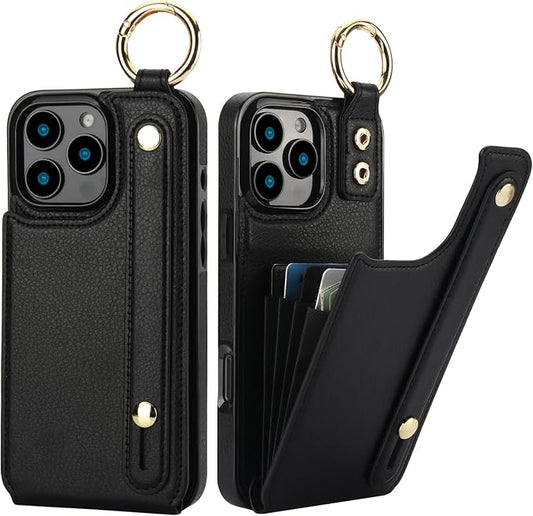 Folosu for iPhone 16 Pro Max Wallet Case with Card Holder, Hand Wrist Strap Loop Holder Kickstand, RFID Blocking Finger Grip Ring PU Leather Double Buttons Shockproof Cover 6.9" Black