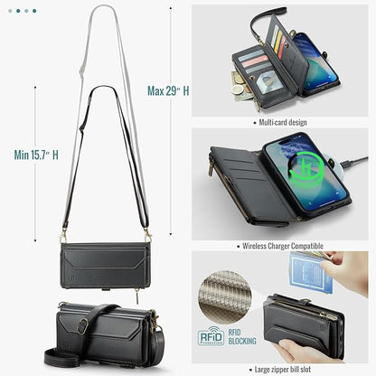 Strapurs Wallet Case Compatible with iPhone 17 6.3" RFID Blocking 9-Card Holder Soft PU Leather Magnetic Snap Shoulder Strap Zipper Pocket Phone Case Fit for iPhone 17 for Women - Black