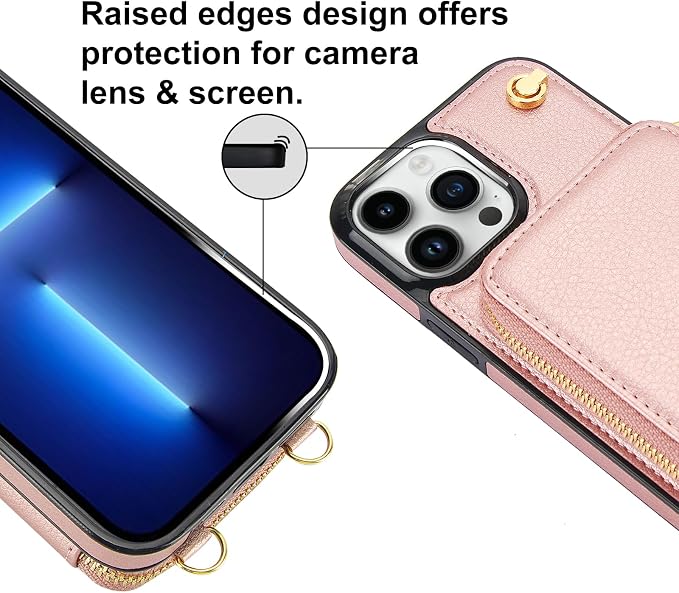 Bocasal for MagSafe Crossbody Wallet Case Compatible with iPhone 13 Pro Max, RFID Blocking Protective Purse Case with Card Slots Holder Kickstand Wrist Strap Lanyard Zipper 6.7 Inch 5G (Rose Gold)