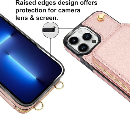 Bocasal for MagSafe Crossbody Wallet Case Compatible with iPhone 13 Pro Max, RFID Blocking Protective Purse Case with Card Slots Holder Kickstand Wrist Strap Lanyard Zipper 6.7 Inch 5G (Rose Gold)