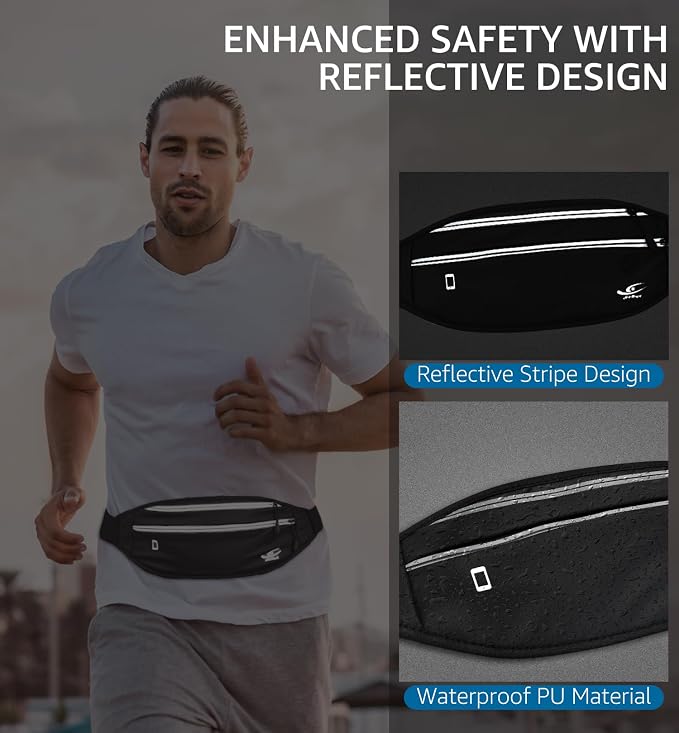 HiRui Slim Fanny Pack for Men Women, Adjustable Exercise Waist Pack Reflective Running Belt for Sports Workout Cycling Hiking, Casual Hands-Free Wallets Phone Bag Fits All Phones (Black)