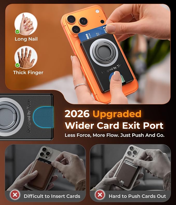 Compatible with Magsafe Wallet 3 Cards Holder [20X Strong Magnet] Magnetic Phone Grips Stand Mount Dual Ring 360° Rotation Desk Cellphone Fits for iPhone 17/16/15/14/13/12 Pro Max