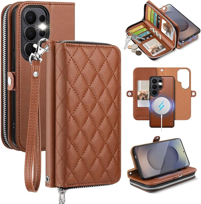 OCASE for Samsung Galaxy S26 Ultra Crossbody Detachable Wallet Case, PU Leather Handbag Phone Purse with Zipper Closure, Card Slots & RFID Blocking, Wrist Strap, Lanyard, Kickstand, Brown