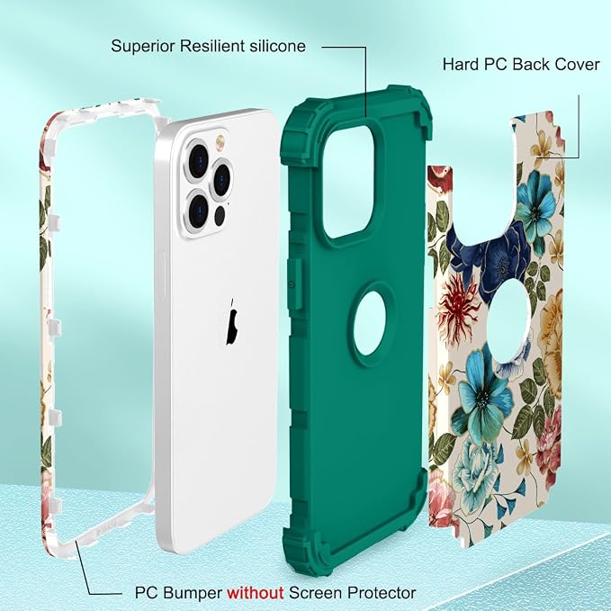 Hocase for iPhone 13 Pro Case, Heavy Duty Shockproof Protection Soft Silicone Rubber+Hard Plastic Bumpers Hybrid Protective Case for iPhone 13 Pro 6.1" 2021 - Teal Flowers