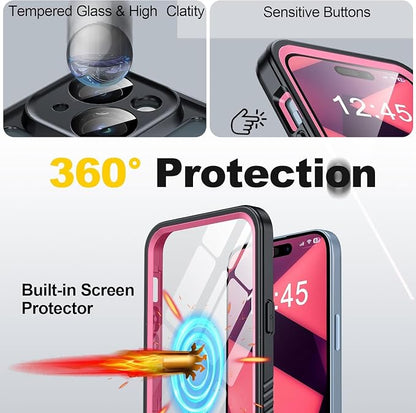 for iPhone 15 Plus Case Waterproof - Built-in Privacy Screen Protector & HD Screen Protector [IP68 Underwater] Shockproof Dustproof Full Body Protection iPhone 15 Plus Phone Case Pink
