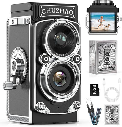 CHUZHAO Digital Camera Retro, Portable TLR Style Twin-Lens Vintage Camera, 12MP Autofocus 1080P FHD Point and Shoot Pocket Vlogging Retro Digital Cameras with16 GB Card for Beginners Teens Boys Girls