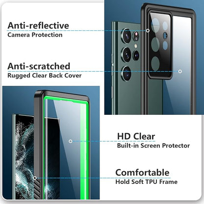 SPIDERCASE Designed for Samsung Galaxy S22 Ultra Case, Waterproof Built-in Screen Protector Full Protection Heavy Duty Shockproof Case, Green/Clear