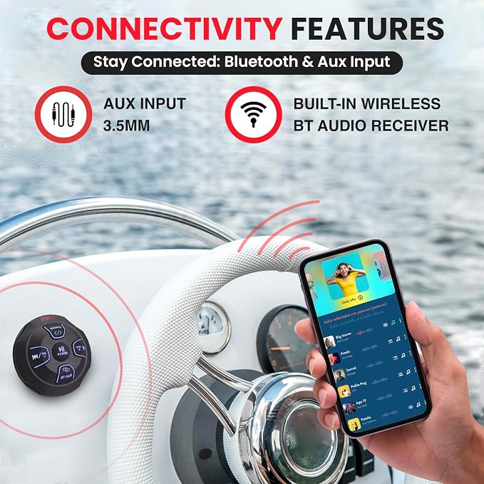 Marine Bluetooth Receiver Microphone Kit - Waterproof Audio Entertainment System Set w/ 2-Channel Wireless BT Controller, Handheld Broadcasting Mic - Car, Truck, ATV, UTV, 4x4, Boat