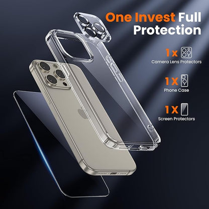 3 in 1 for iPhone 15 Pro Max Case Clear,[Yellowing-Resistant Acrylic Back] Screen Protector *1 & Camera Lens Protector*1, Shockproof for iPhone 15 Pro Max Phone Case 6.7 inch Clear