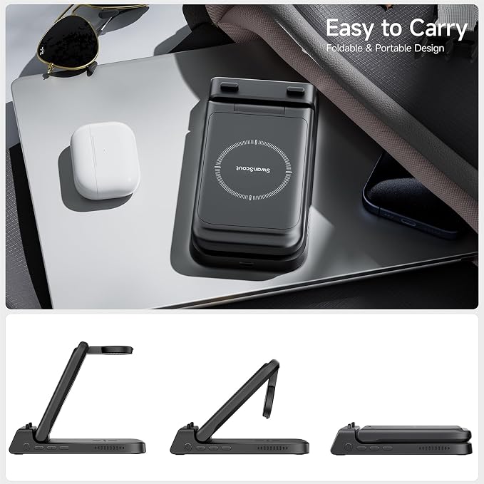 Charging Station for iPhone 17/Air, SwanScout 703A, Wireless Charger for iPhone 16/15/14/13/12/11 Series, for Apple Watch 11/10/Ultra 3/9/8/7/6/5/SE 2, for Airpods Pro 3/2, Foldable and Portable