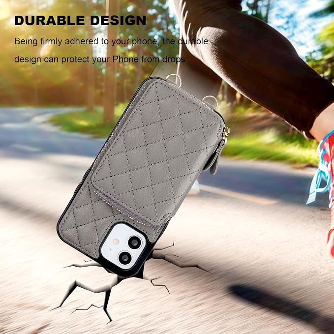 Bocasal Crossbody Wallet Case for iPhone 12/12 Pro, RFID Blocking PU Leather Zipper Handbag Purse Flip Cover, Kickstand Folio Case with Card Slots Holder Wrist Strap Lanyard 5G 6.1 Inch (Grey)