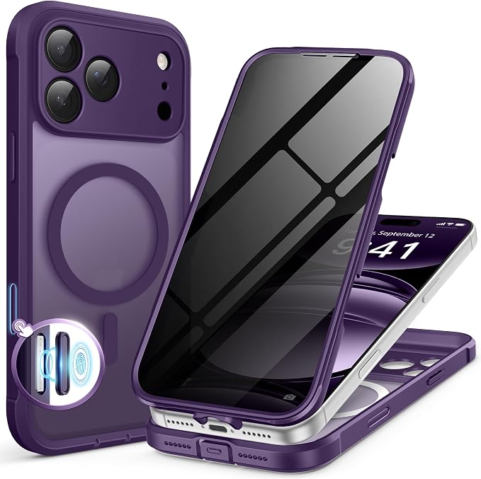 BERFY for iPhone 17 Pro Case, Compatible with MagSafe, Built-in Privacy Screen Protector, Camera Protection, Shockproof Full Body Phone Case 6.3", Translucent Deep Purple