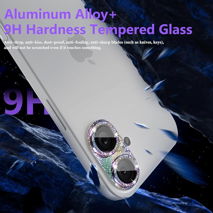 Camera Lens Protector for iPhone 16/iPhone 16 Plus, Bling Glitter Camera Cover with 9H Tempered Glass Metal Ring, Anti-Scratch Camera Protector for iPhone 16/iPhone 16 Plus (Glitter -Colorful)