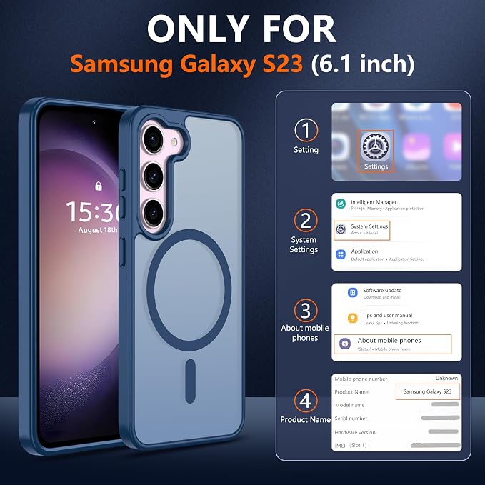 Pilaru for Samsung Galaxy S23 Case [Compatible with Magsafe] Translucent Matte Magnetic Phone Case,Slim Thin Duty Shockproof Protection Cover with 2pc Screen Protector Case for S 23-Dark Blue