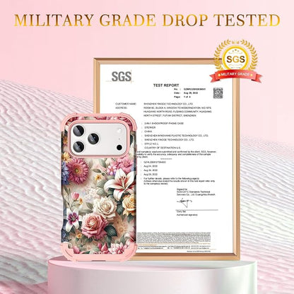 Hocase for iPhone 17 Pro Case 6.3", Heavy Duty Shockproof Protection Soft Silicone Rubber+Hard Plastic Bumpers Hybrid Protective Case for iPhone 17 Pro 2025 - Rose Flowers