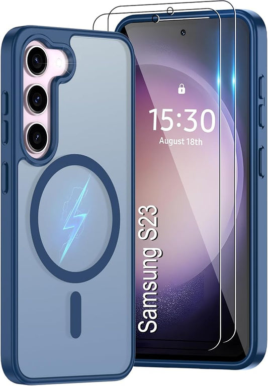 Pilaru for Samsung Galaxy S23 Case [Compatible with Magsafe] Translucent Matte Magnetic Phone Case,Slim Thin Duty Shockproof Protection Cover with 2pc Screen Protector Case for S 23-Dark Blue