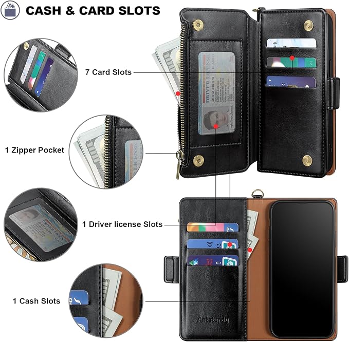 Antsturdy Compatible with iPhone 15 Wallet Case Card Holder【RFID Blocking】 PU Leather Phone Case Women Men flip Protective Cover Wrist Strap Zipper Credit Card Slots,for Apple 15 6.1",Black