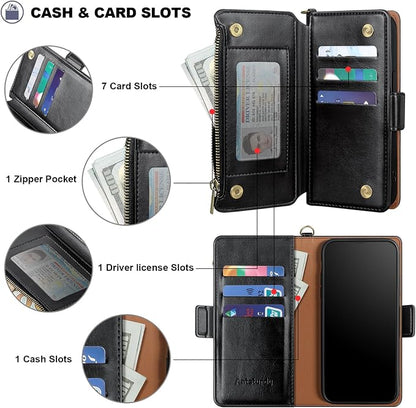 Antsturdy Compatible with iPhone 15 Wallet Case Card Holder【RFID Blocking】 PU Leather Phone Case Women Men flip Protective Cover Wrist Strap Zipper Credit Card Slots,for Apple 15 6.1",Black