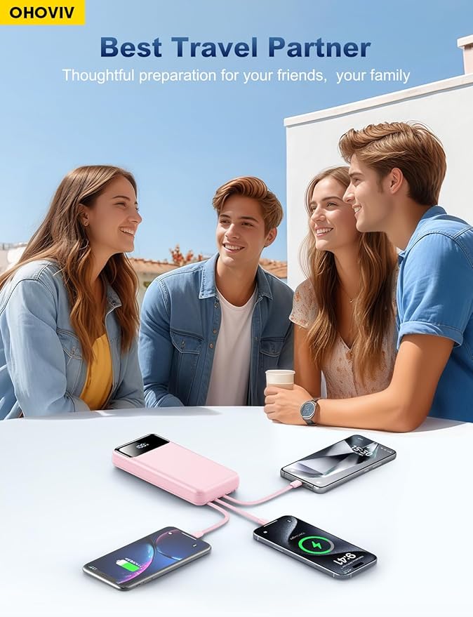 Portable Charger Power Bank 50000mAh Battery Pack, 22.5W Fast Charging PowerBank with Built in Cables,Travel Essential USB-C Portable Phone Charger for iPhone Samsung Pixel Android iPad-Pink