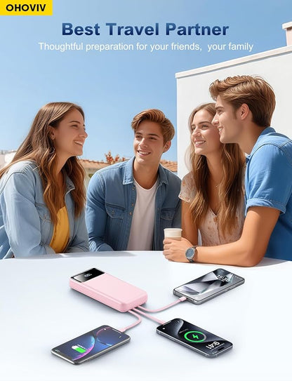 Portable Charger Power Bank 50000mAh Battery Pack, 22.5W Fast Charging PowerBank with Built in Cables,Travel Essential USB-C Portable Phone Charger for iPhone Samsung Pixel Android iPad-Pink