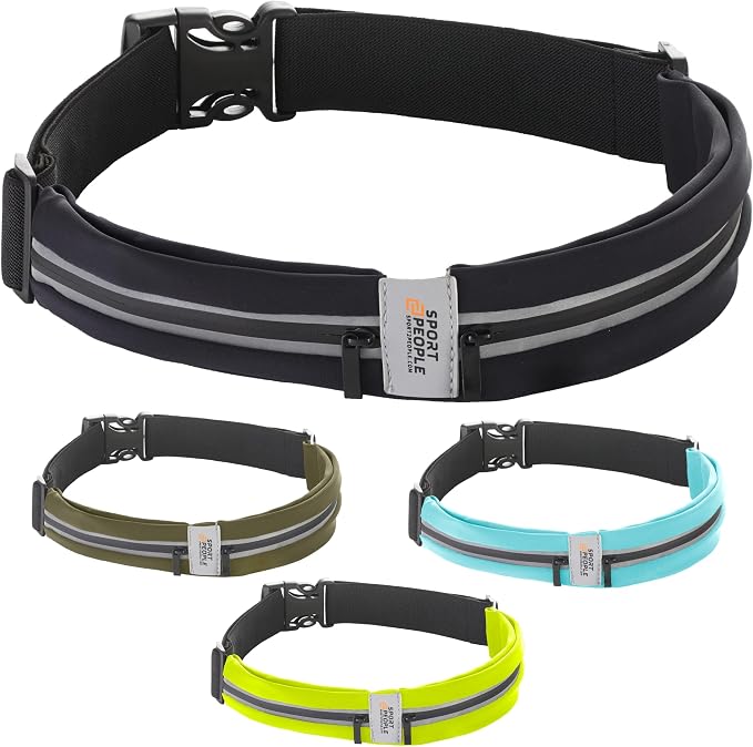 Running Belt for Women and Men, Waterproof Phone Holder for Running, Reflective 2-Pocket Waist Pack for Storing Runner’s Essentials Safely, Running Fanny Pack Fits Most Phones, Adjustable Belt Bag