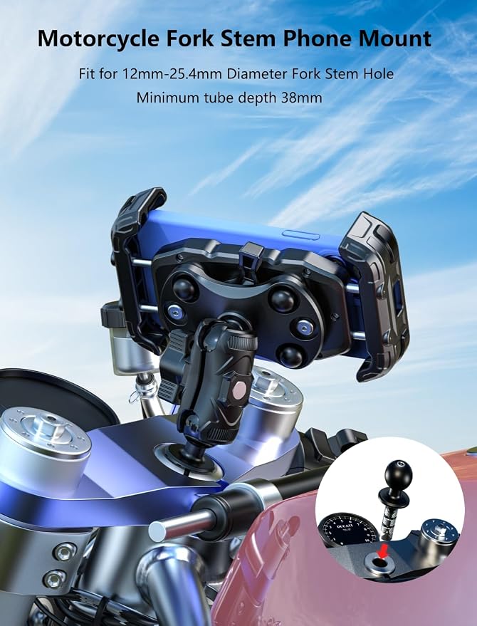 Kewig Motorcycle Fork Stem Phone Mount with Vibration Dampener, Adjustable Heavy Duty Motorcycle Phone Mount Holder Fit Stem Tube 12mm-25.4mm in Diameter, Compatibe with 5.4-7.2" Cellphone