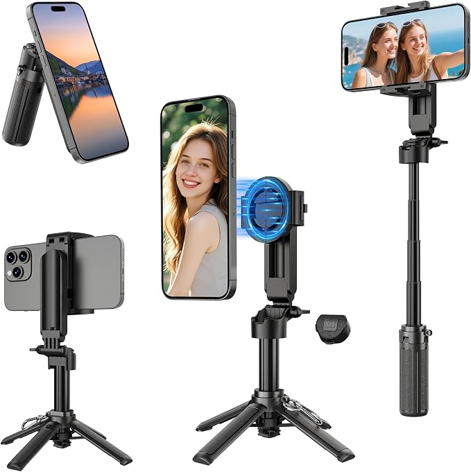 14.5" Magnetic Mini Selfie Stick for iPhone, 4 in 1 Portable Pocket Size Tripod for iPhone MagSafe/Android with Remote/Cold Shoe Mounts, Small/Compact Cell Phone Tripod Stand for Travel Vlogging-Black