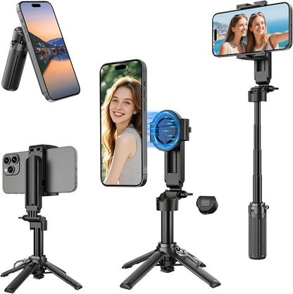 14.5" Magnetic Mini Selfie Stick for iPhone, 4 in 1 Portable Pocket Size Tripod for iPhone MagSafe/Android with Remote/Cold Shoe Mounts, Small/Compact Cell Phone Tripod Stand for Travel Vlogging-Black