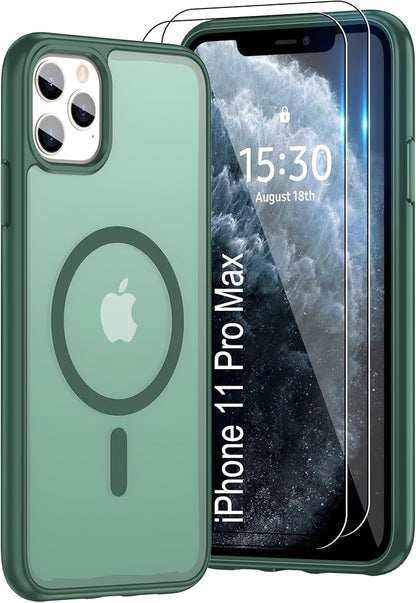 For iPhone 11 Pro Max Case [Compatible with Magsafe] Translucent Matte Magnetic Case with Screen Protector,SlimThin Shockproof Military Grade Drop Protection Cover for iPhone 11 ProMax-Dark green