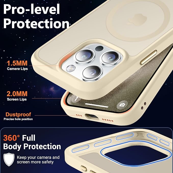 MOCCA Strong Magnetic for iPhone 15 Pro Case, [Compatible with Magsafe][13FT Military Drop Protection] Slim Translucent Matte Shockproof Case for iPhone 15 Pro Phone Case 6.1'', Light Gold