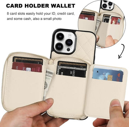 Bocasal Crossbody Wallet Case for iPhone 13 Pro Max, RFID Blocking PU Leather Zipper Handbag Purse Flip Cover, Kickstand Folio Case with Card Slots Holder Wrist Strap Lanyard 5G 6.7 Inch (Beige)