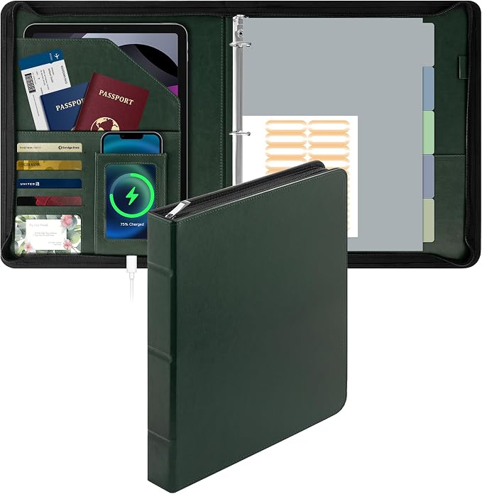 EYROZILL Zippered Leather 3 Ring Binder Organizer with Pockets – Business Portfolio Folder with Card Slots, Phone Holder, Pen Loop (Dark Green)