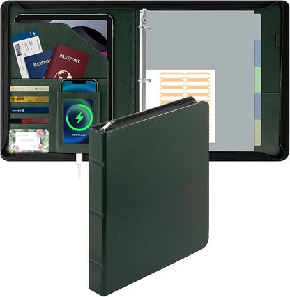 EYROZILL Zippered Leather 3 Ring Binder Organizer with Pockets – Business Portfolio Folder with Card Slots, Phone Holder, Pen Loop (Dark Green)